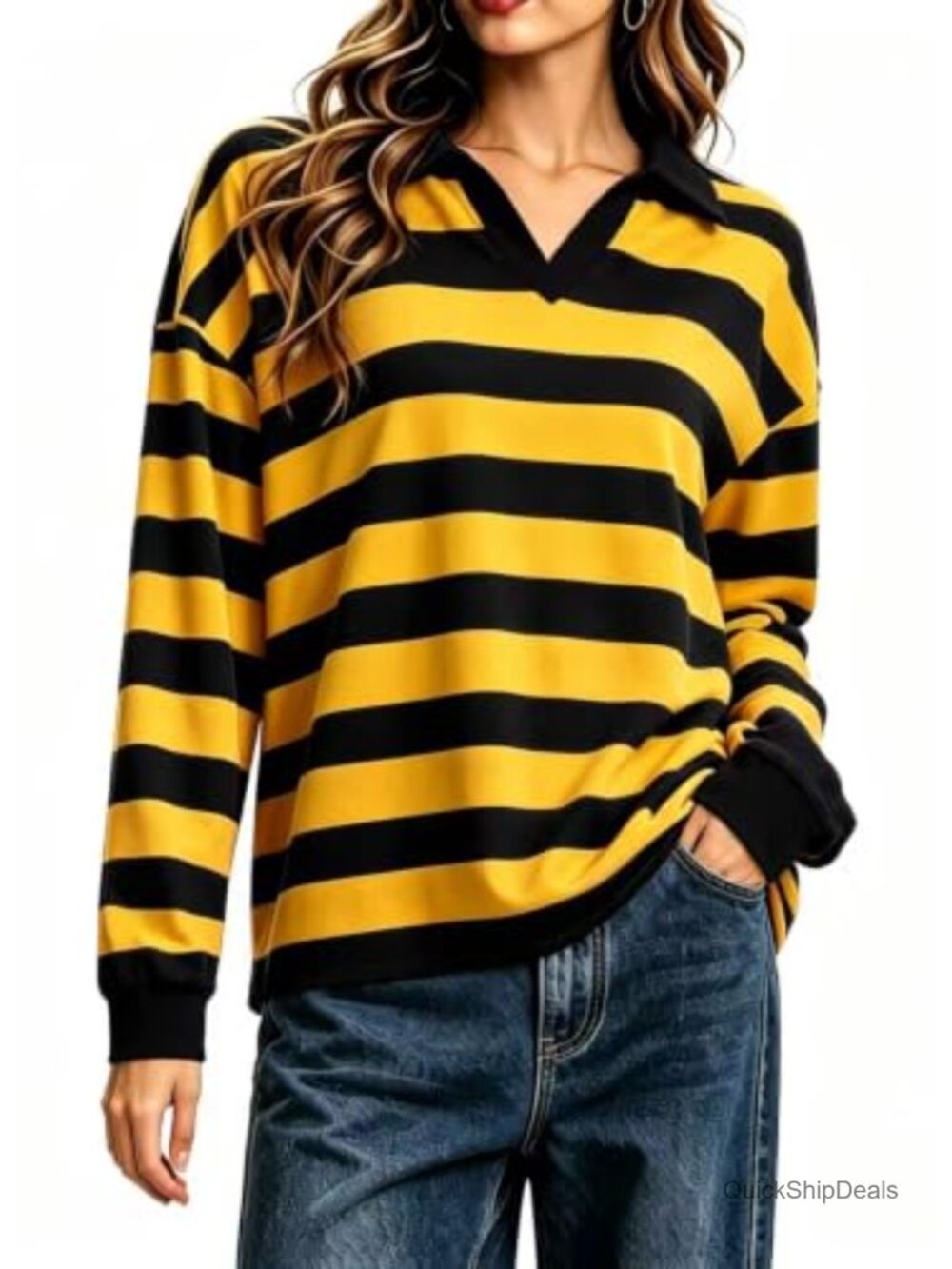 Oversized Striped Long Sleeve V-Neck Rugby Polo Pullover Top